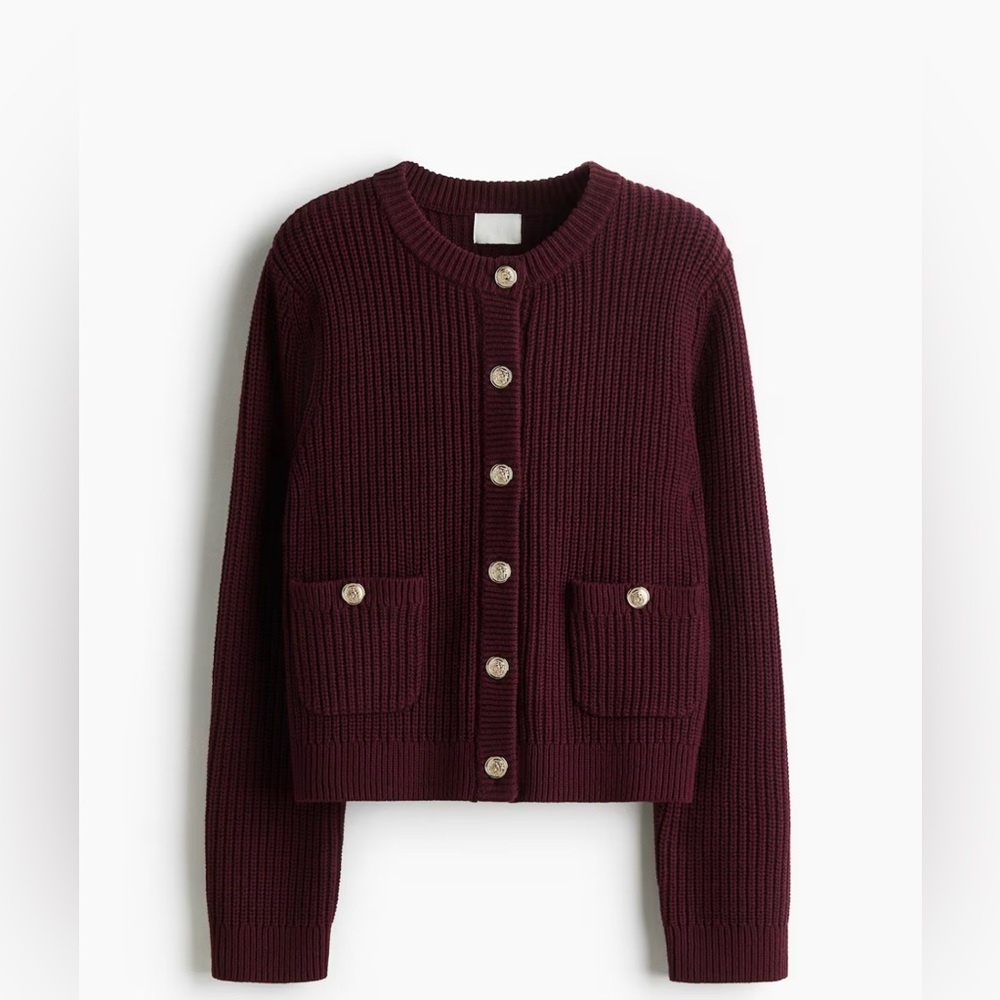 H&M Rib-Knit Cardigan, Gold-colored metal Buttons, Color Burgundy, Size S